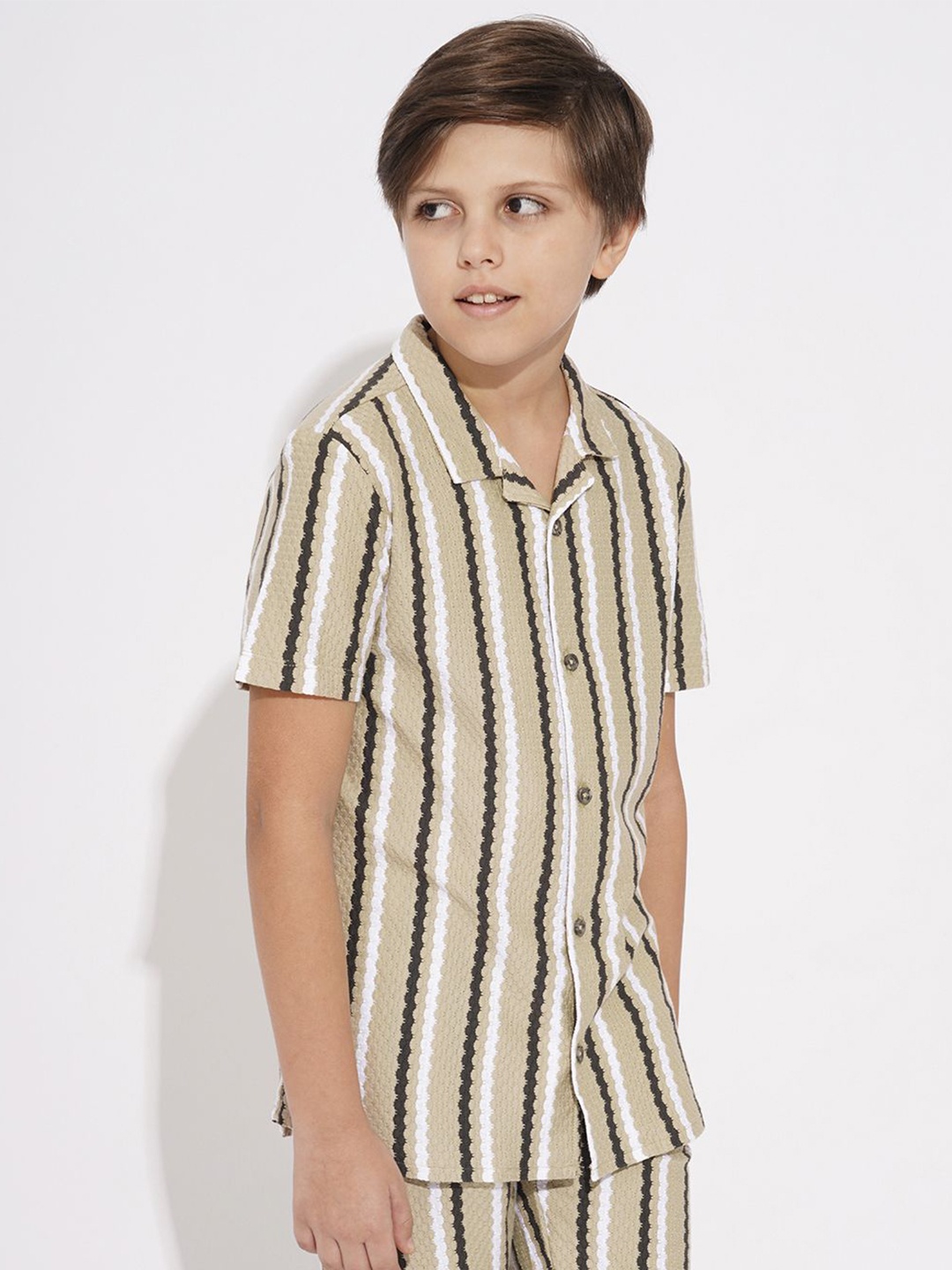 

Jack & Jones Junior Boys Cuban Collar Vertical Striped Cotton Casual Shirt, Beige