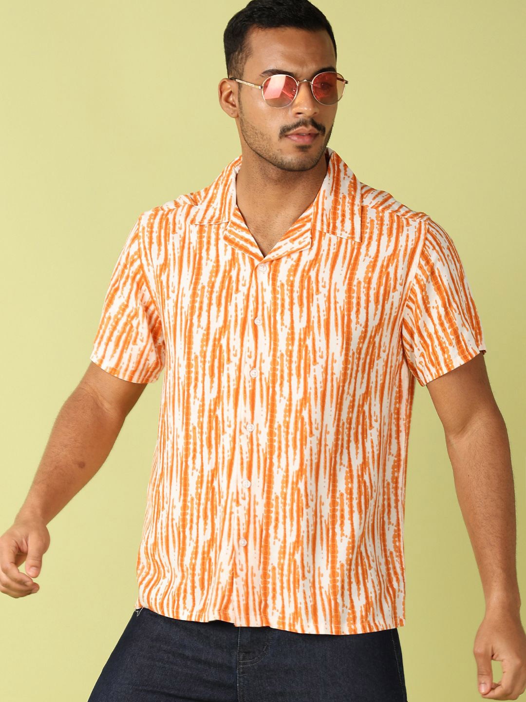 

V-Mart Men Classic Cuban Collar Abstract Printed Casual Shirt, Orange