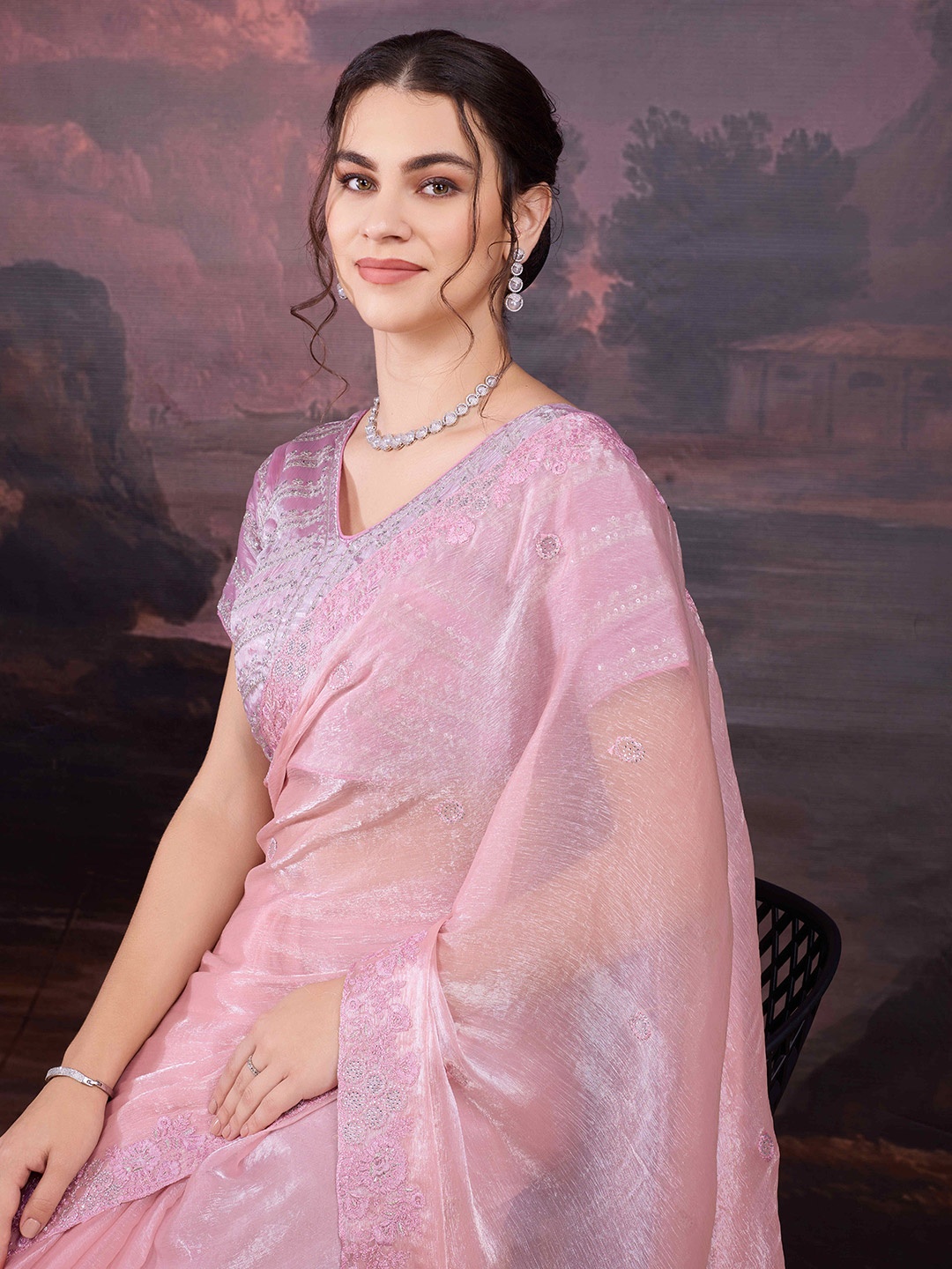 

House of Pataudi Embellished Sequinned Saree With Blouse Piece, Pink