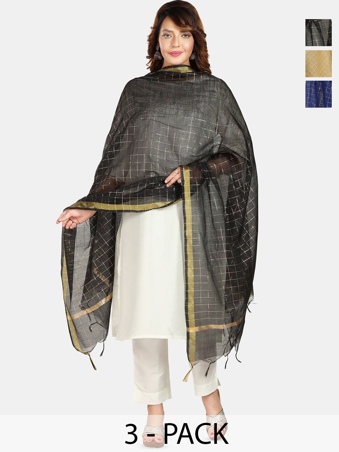 

Fabme Pack Of 3 Checked Dupattas, Beige