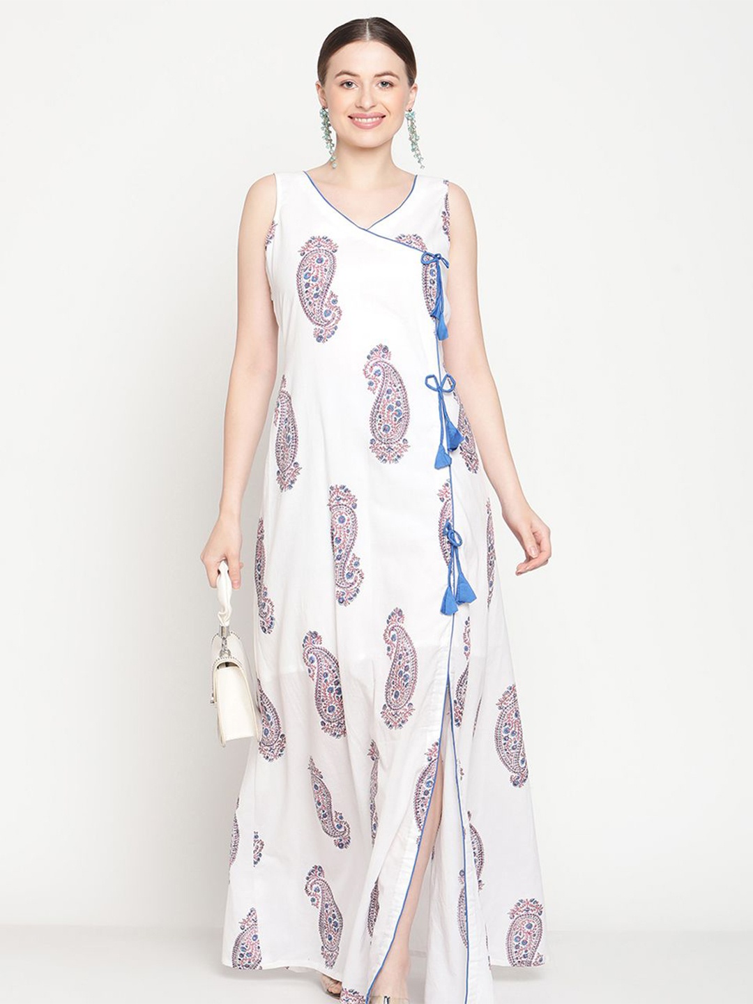 

VIRAGO Ethnic Motifs Printed Tie-Ups Detail Maxi Dress, White