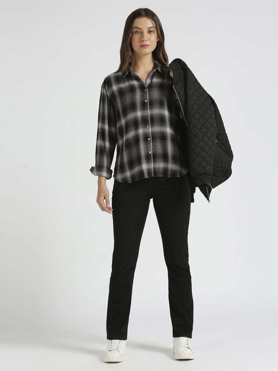 

Pepe Jeans Women Spread Collar Tartan Checked Casual Shirt, Black