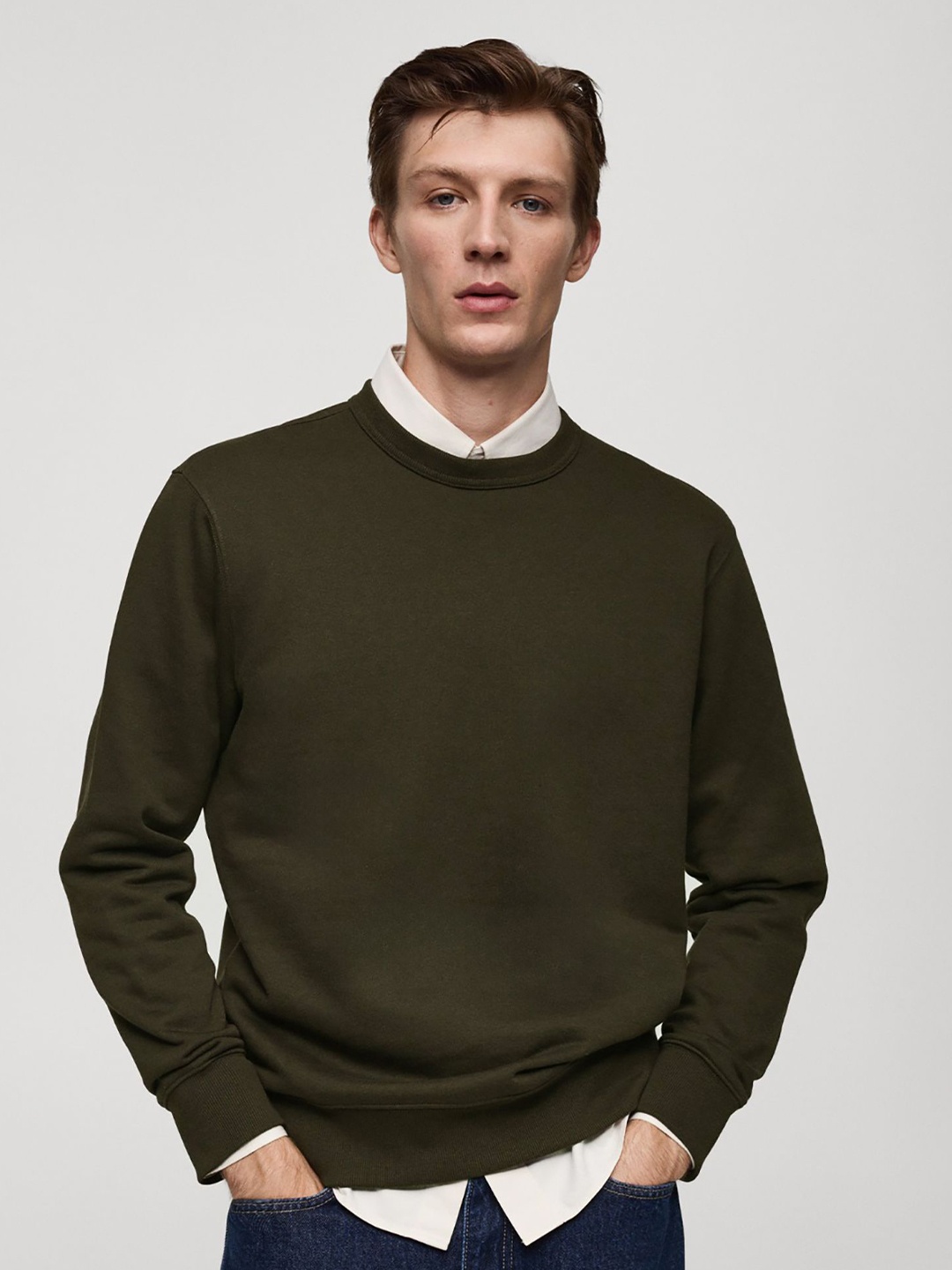 

MISCHIEF MONKEY Men Solid Round Neck Pullover Sweatshirt, Olive