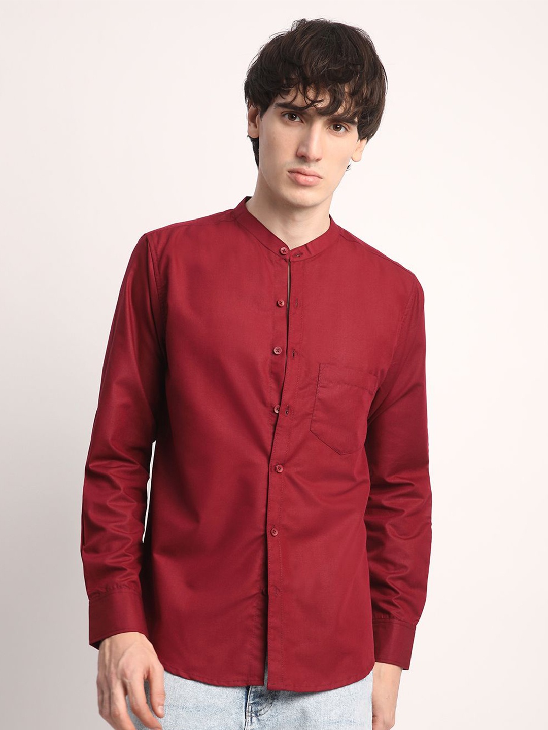 

Voroxy Men Smart Band Collar Solid Cotton Casual Shirt, Maroon