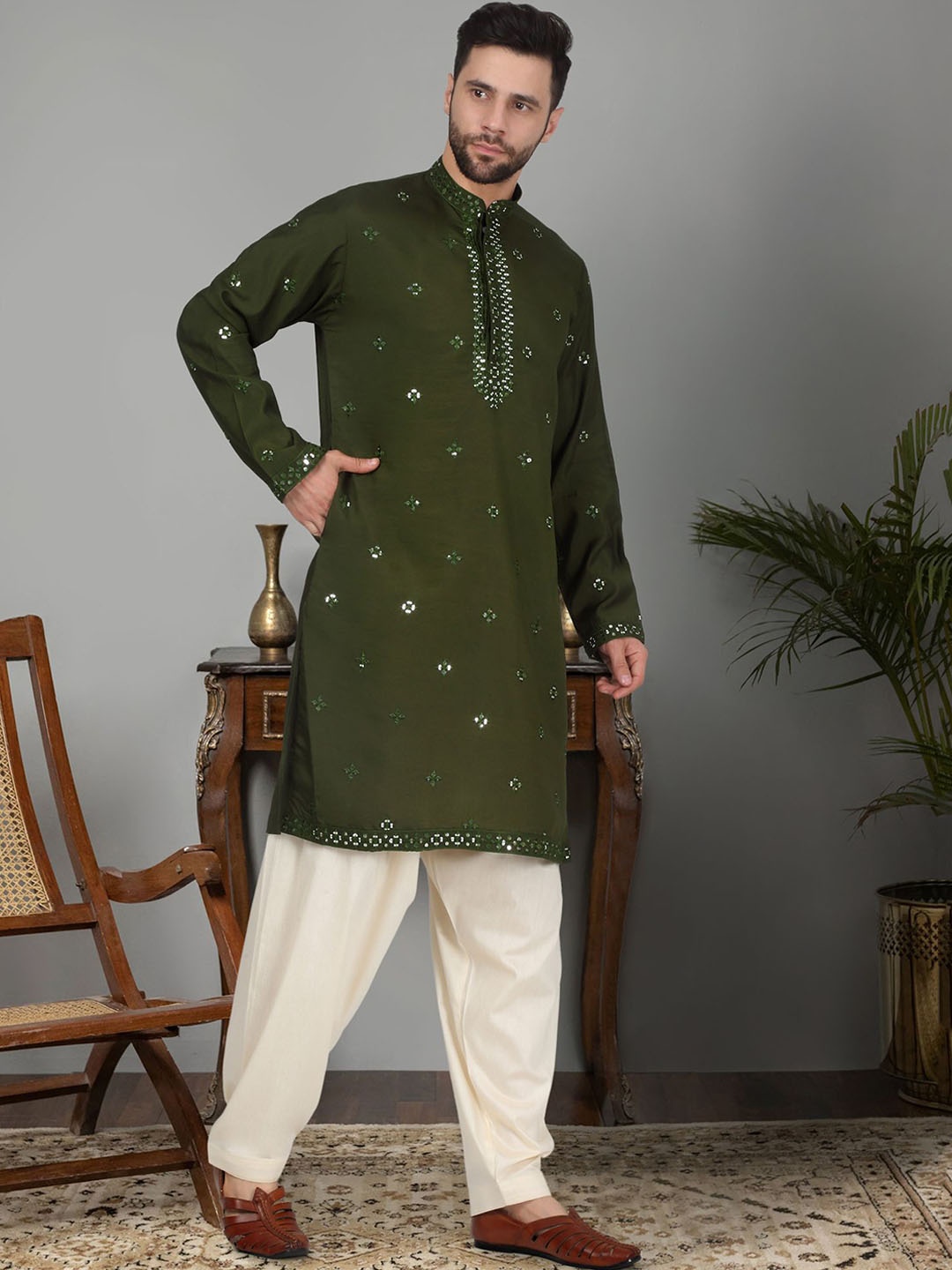 

KRAFT INDIA LUXE Ethnic Motifs Embroidered Mirror Work Cotton Silk Kurta With Salwar, Olive