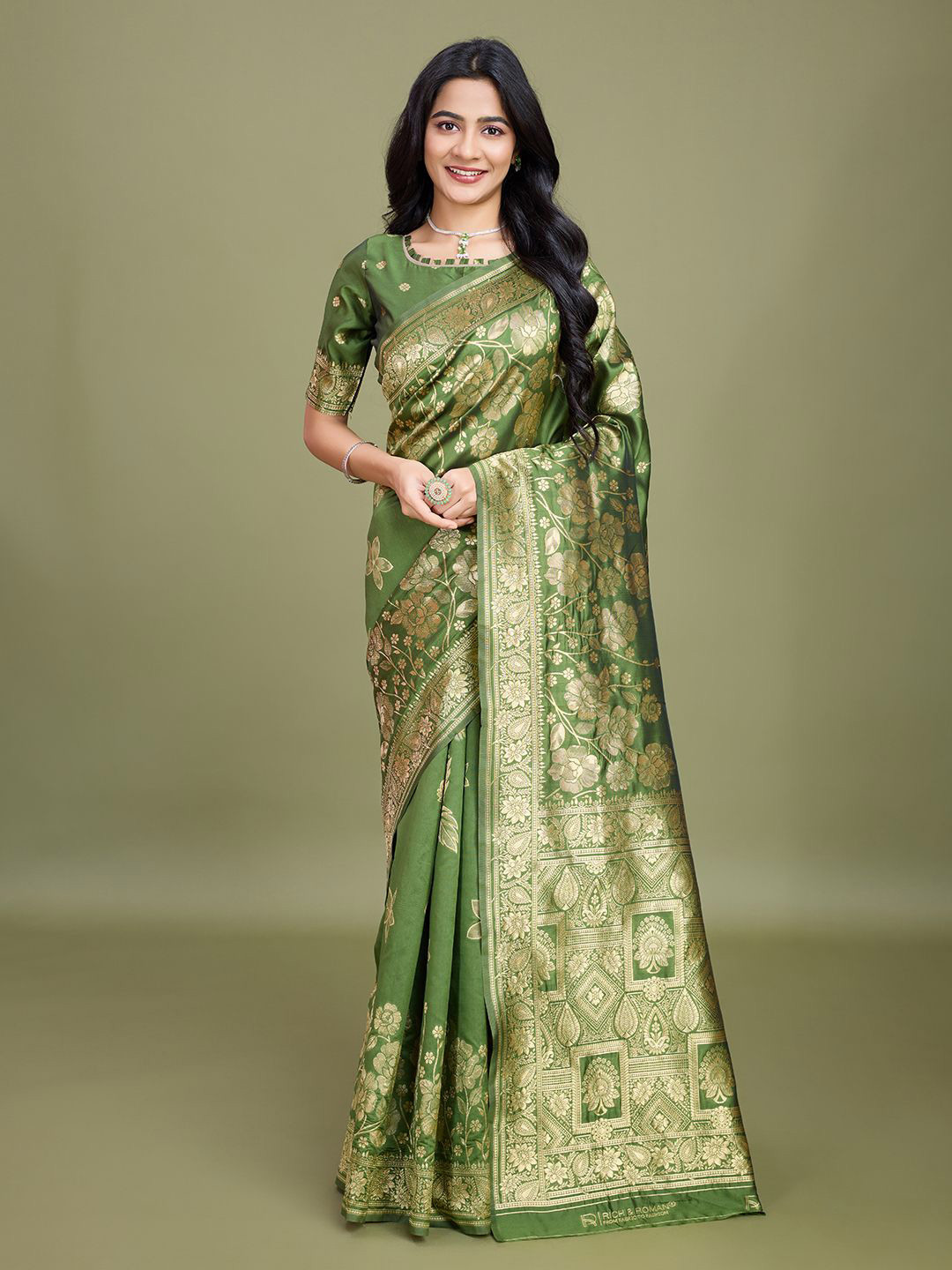 

RICH & ROMAN Woven Design Zari Pure Silk Banarasi Saree, Olive