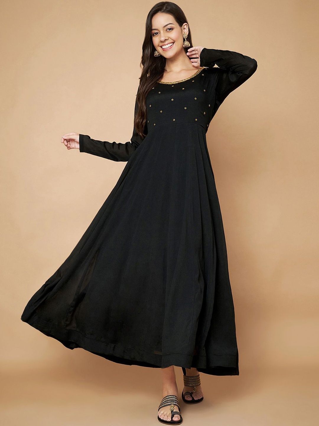 

Poshak Hub Embroidered Mirror Work Chanderi Silk Anarkali Kurta, Black