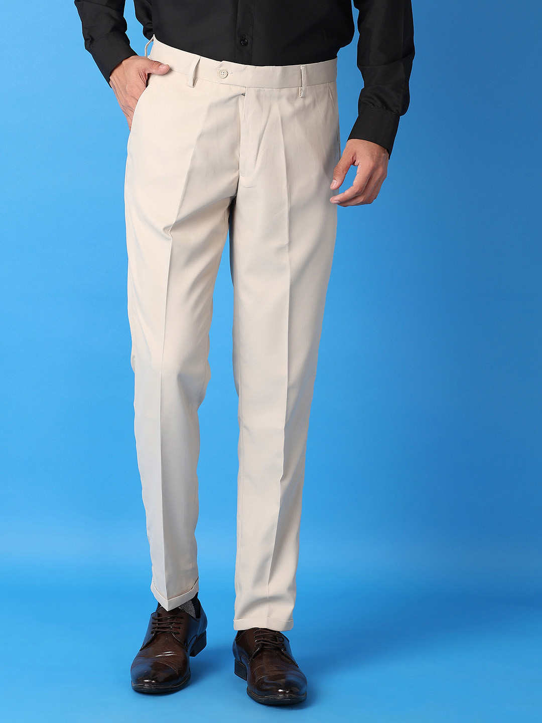 

J White by Vmart Men Solid Mid-Rise Pleated Formal Trousers, Cream