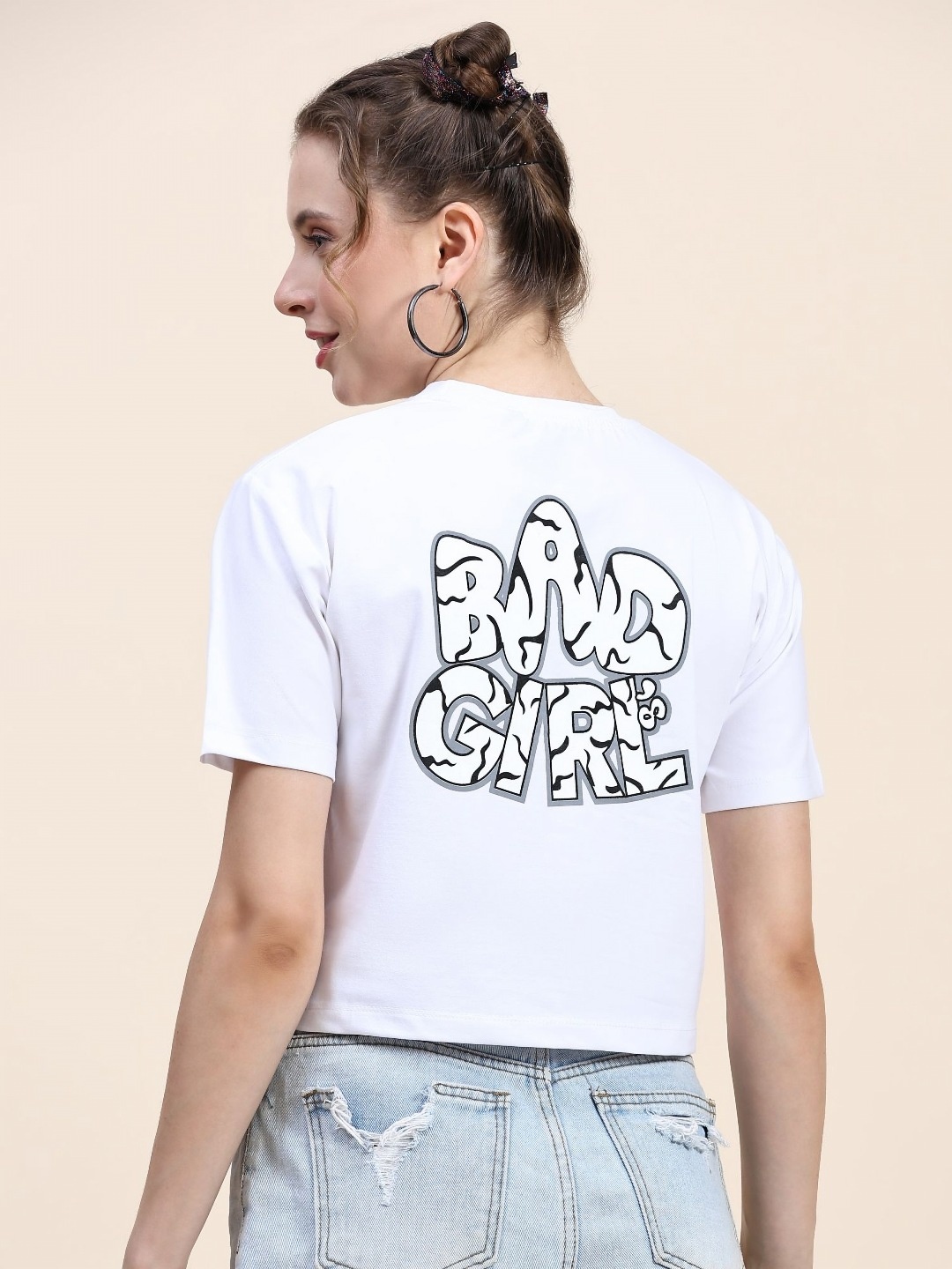 

AECK Women Typography Printed Round Neck Cotton Relaxed Fit T-shirt, White