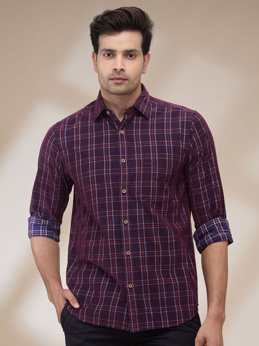 

ColorPlus Men Spread Collar Tartan Checked Cotton Casual Shirt, Maroon