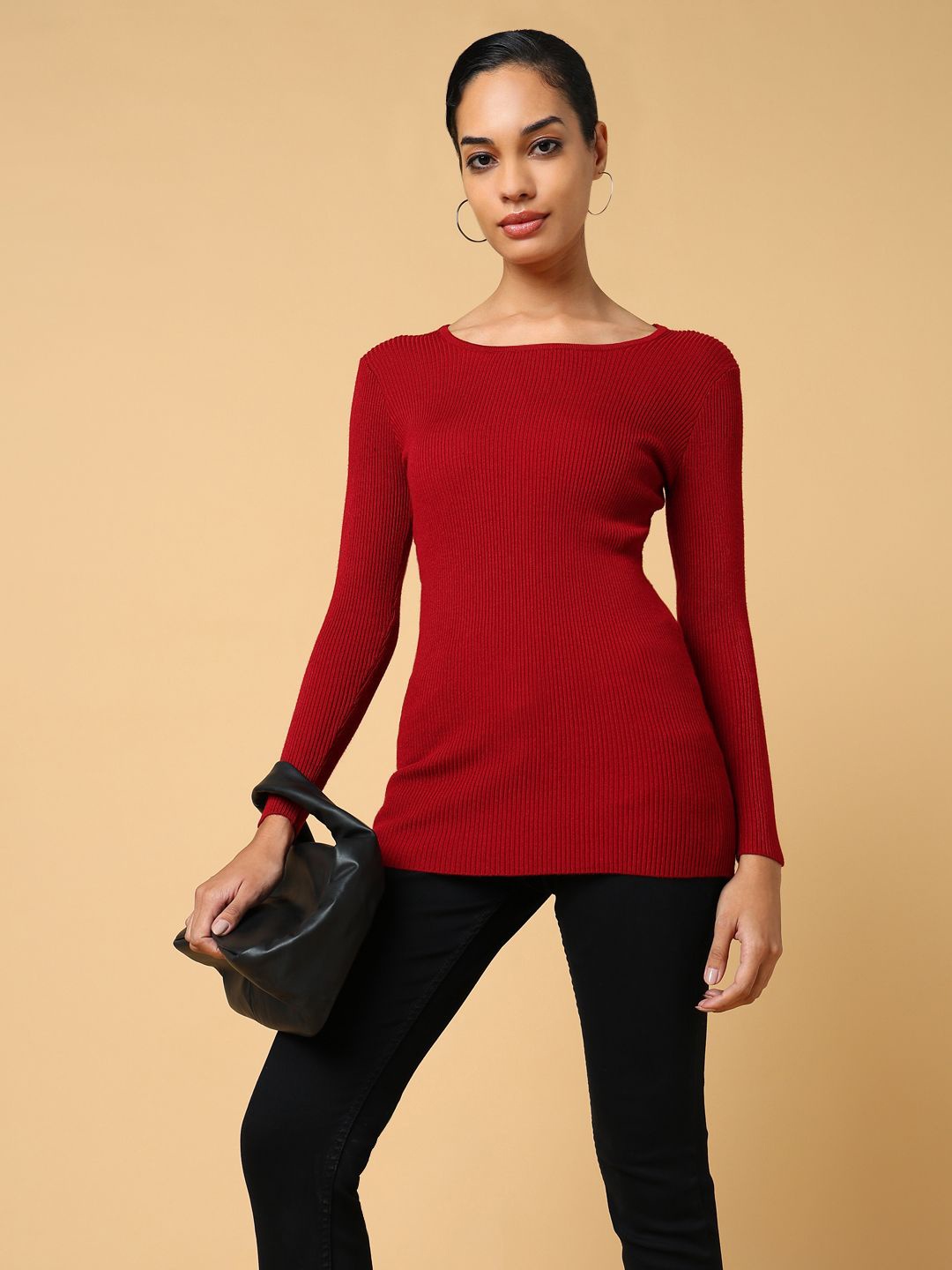 

SHOWOFF Women Solid Boat Neck Acrylic Top, Maroon