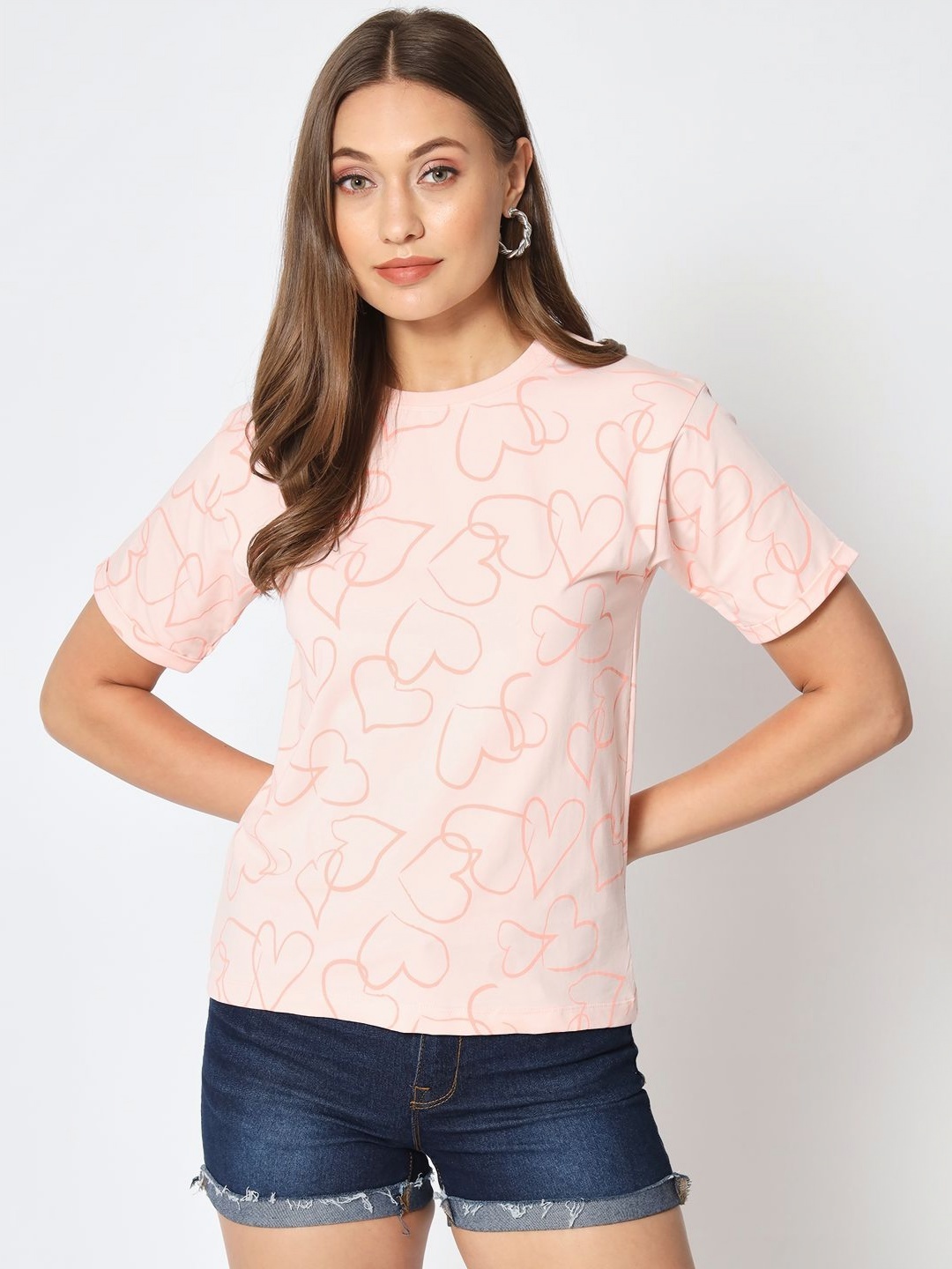 

AECK Women Conversational Printed Round Neck Cotton Relaxed Fit T-shirt, Peach