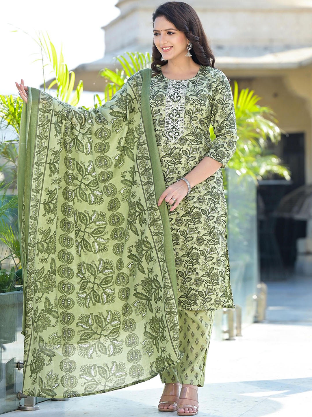 

Juniper Floral Printed Thread Work Pure Cotton Kurta with Trouser & Dupatta, Green