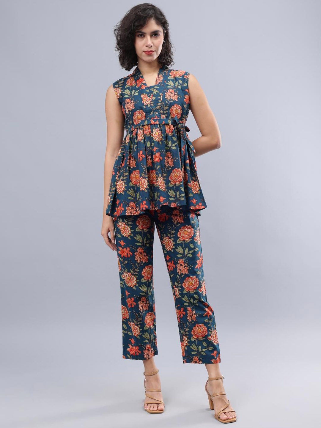 

CORDSET Printed Pure Cotton Sleeveless Tunic With Trousers Co-Ords, Blue