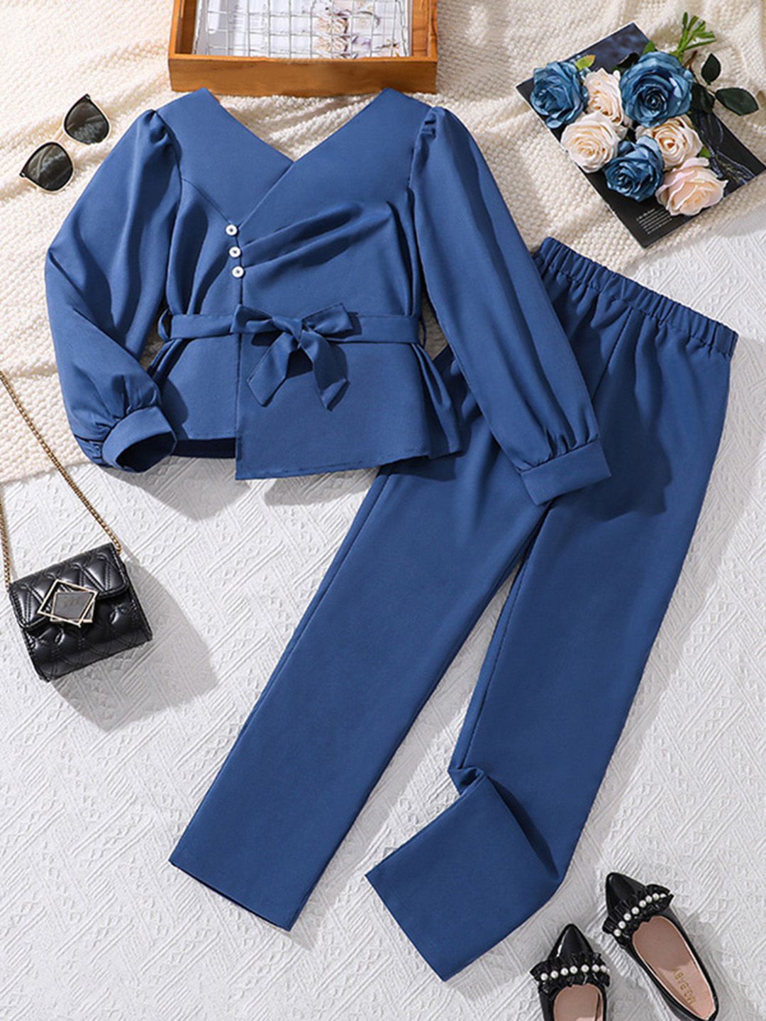 

INCLUD Girls V-Neck Top With Trousers, Navy blue