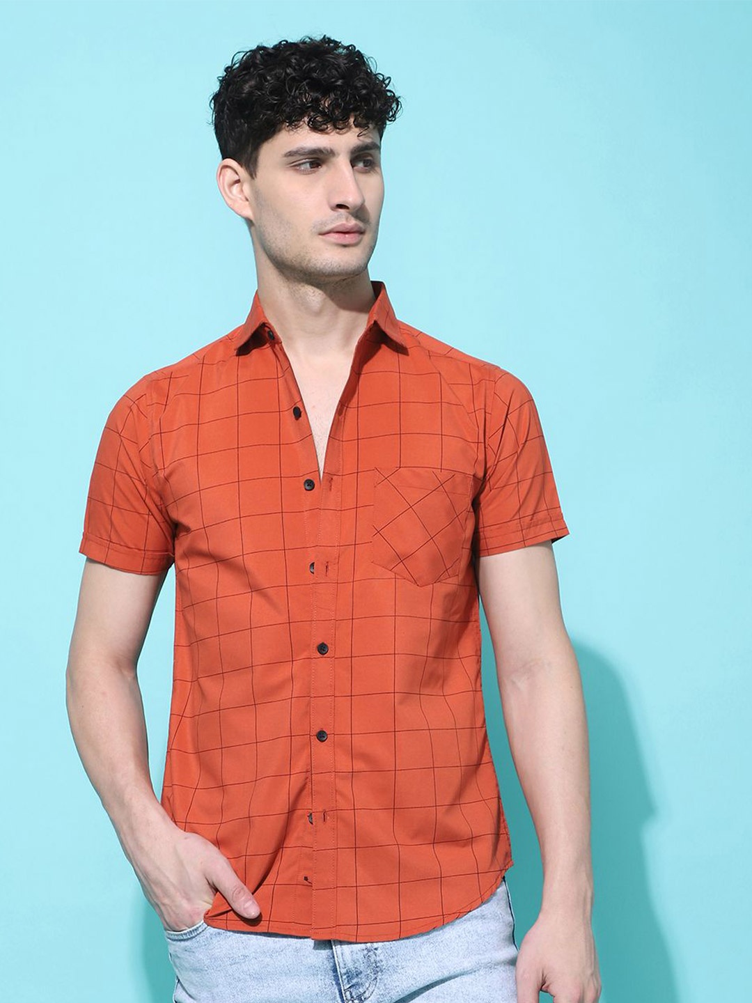 

Voroxy Men New Spread Collar Tartan Checked Cotton Casual Shirt, Orange