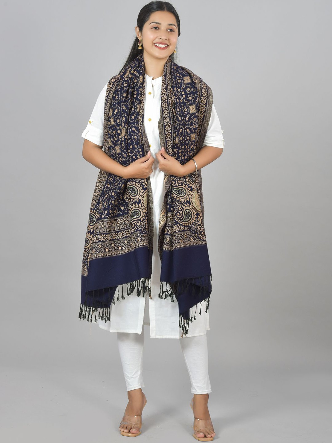 

BAISA Paisley Woven Design Zari Ethnic Shawl, Navy blue