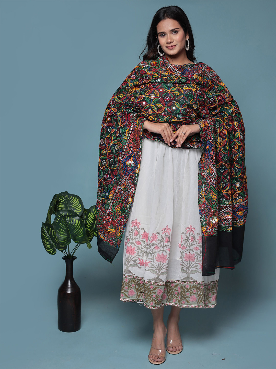 

Bohekant Ethnic Motifs Embroidered Mirror Work Dupatta, Black