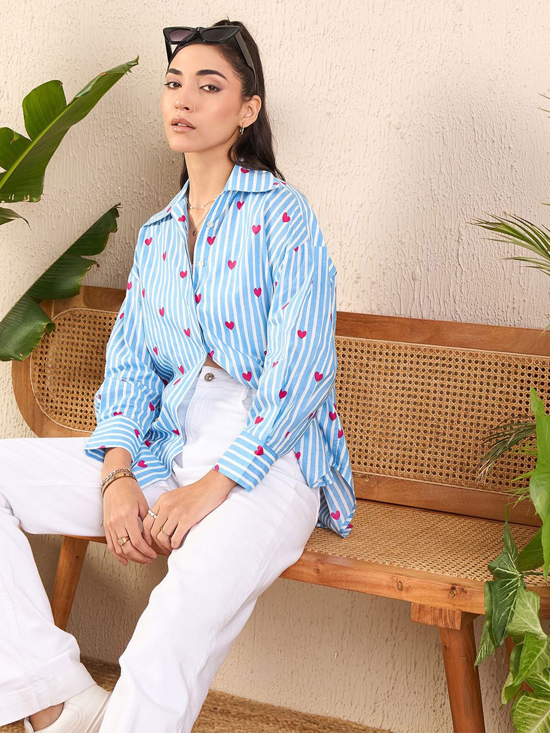 

Uptownie Printed Asymmetric Cotton Shirt, Blue
