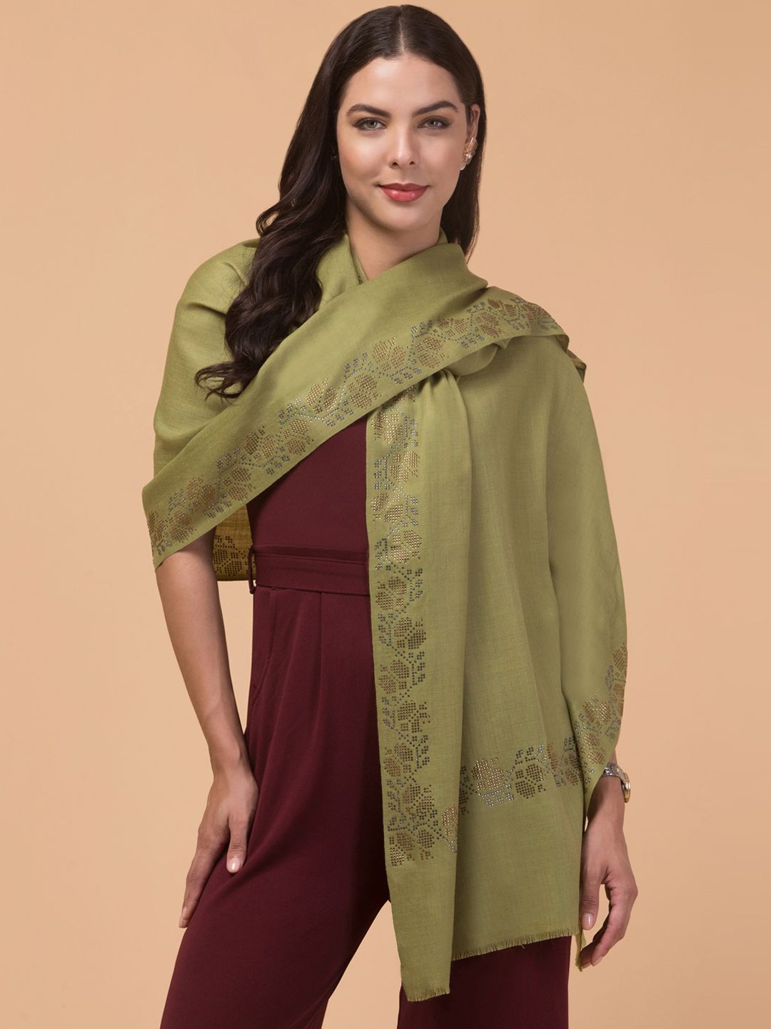 

Tweedle Floral Woven Design Woollen Shawl, Green