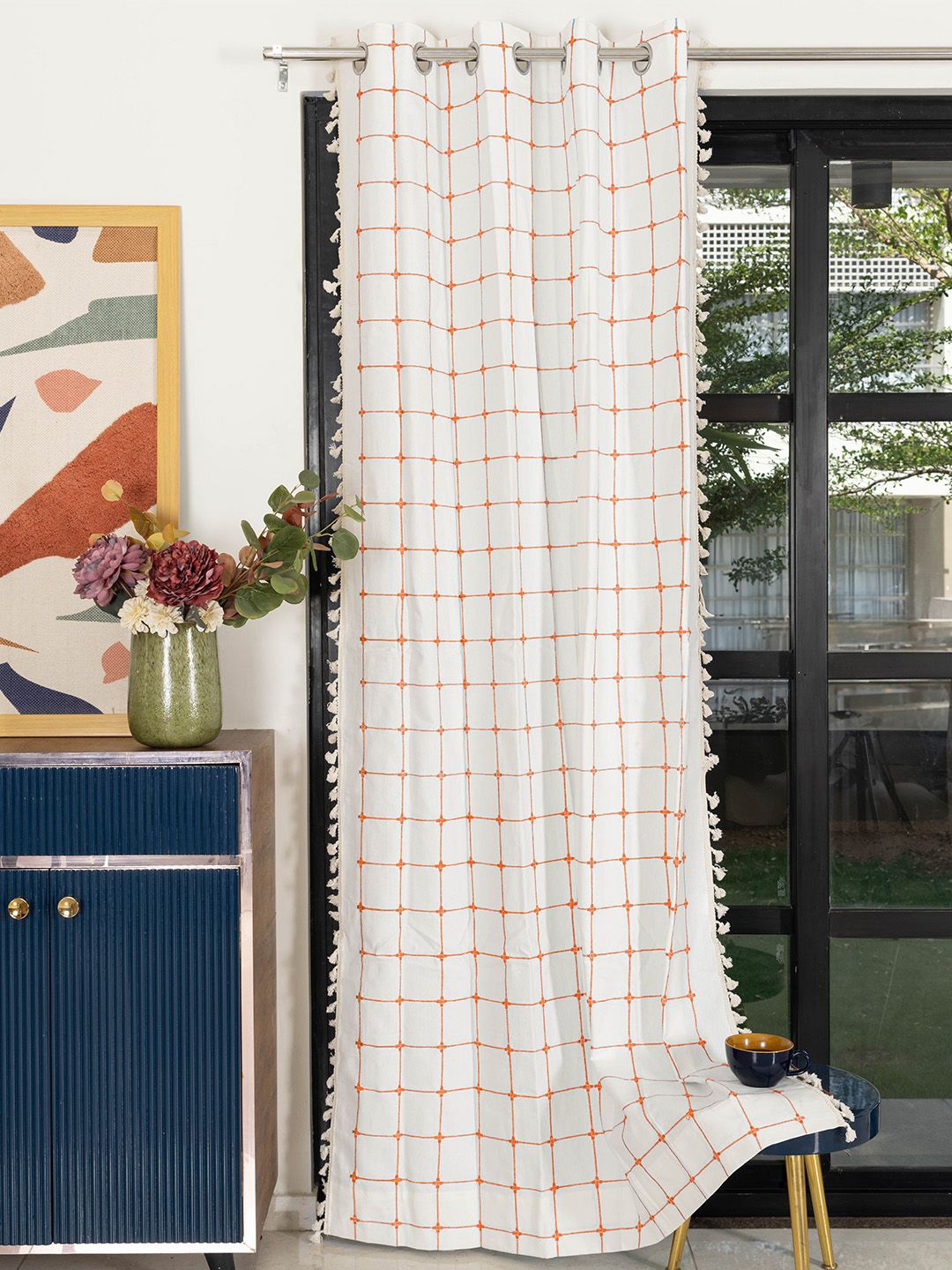 

URBAN SPACE White & Mustard Yellow Geometric Embroidered Cotton Door Curtain