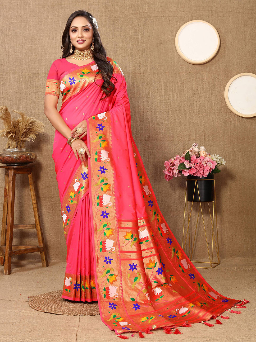 

Zeekha Kalamkari Pure Silk Heavy Work Traditional Kanjeevaram Saree, Peach