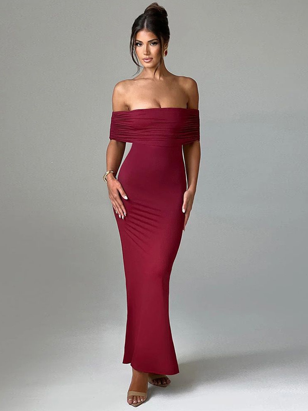 

MIAKEE Solid Off-Shoulder Fit & Flare Midi Dress, Burgundy