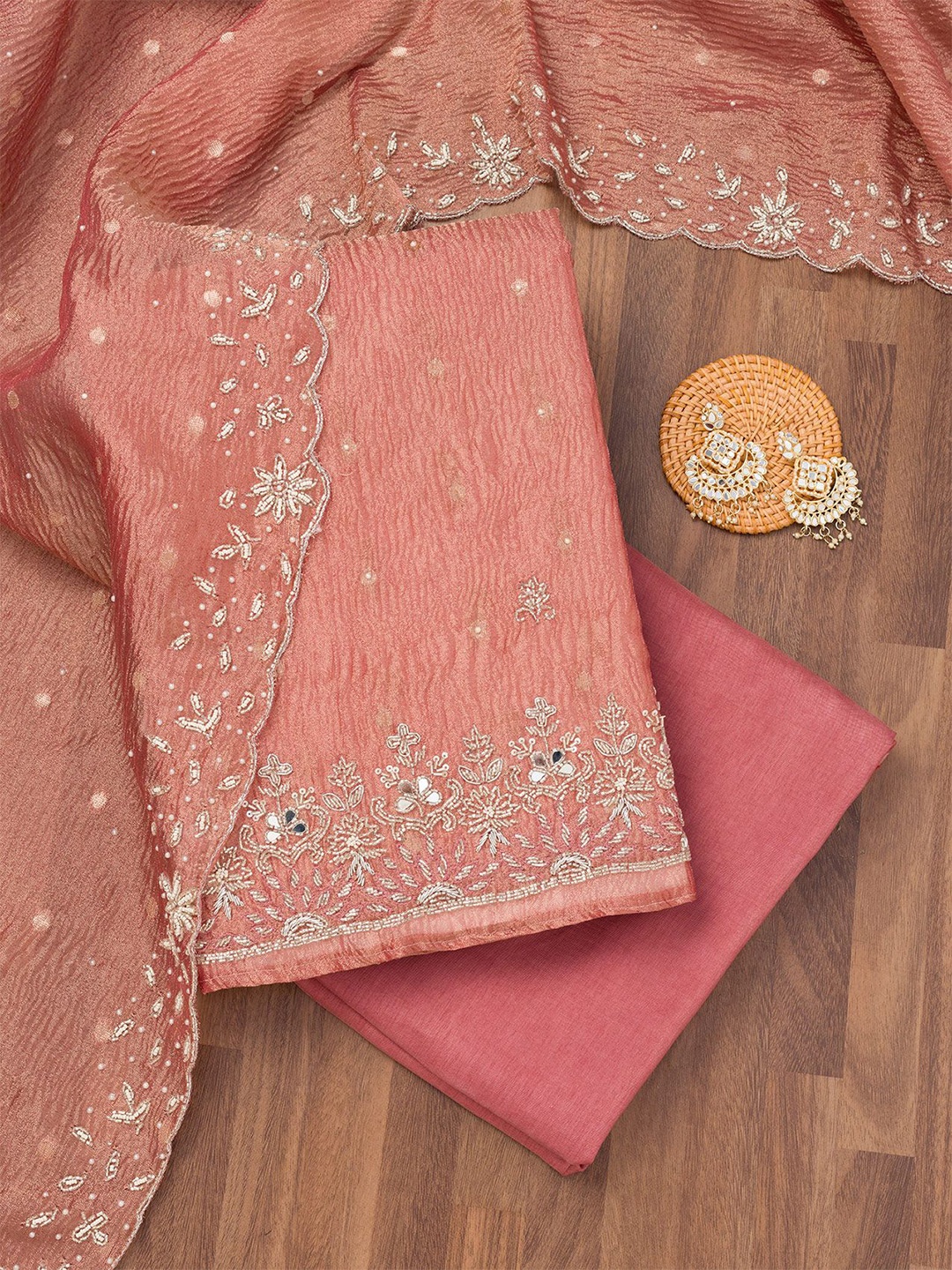 

Koskii Floral Embroidered Zardozi Unstitched Dress Material, Peach