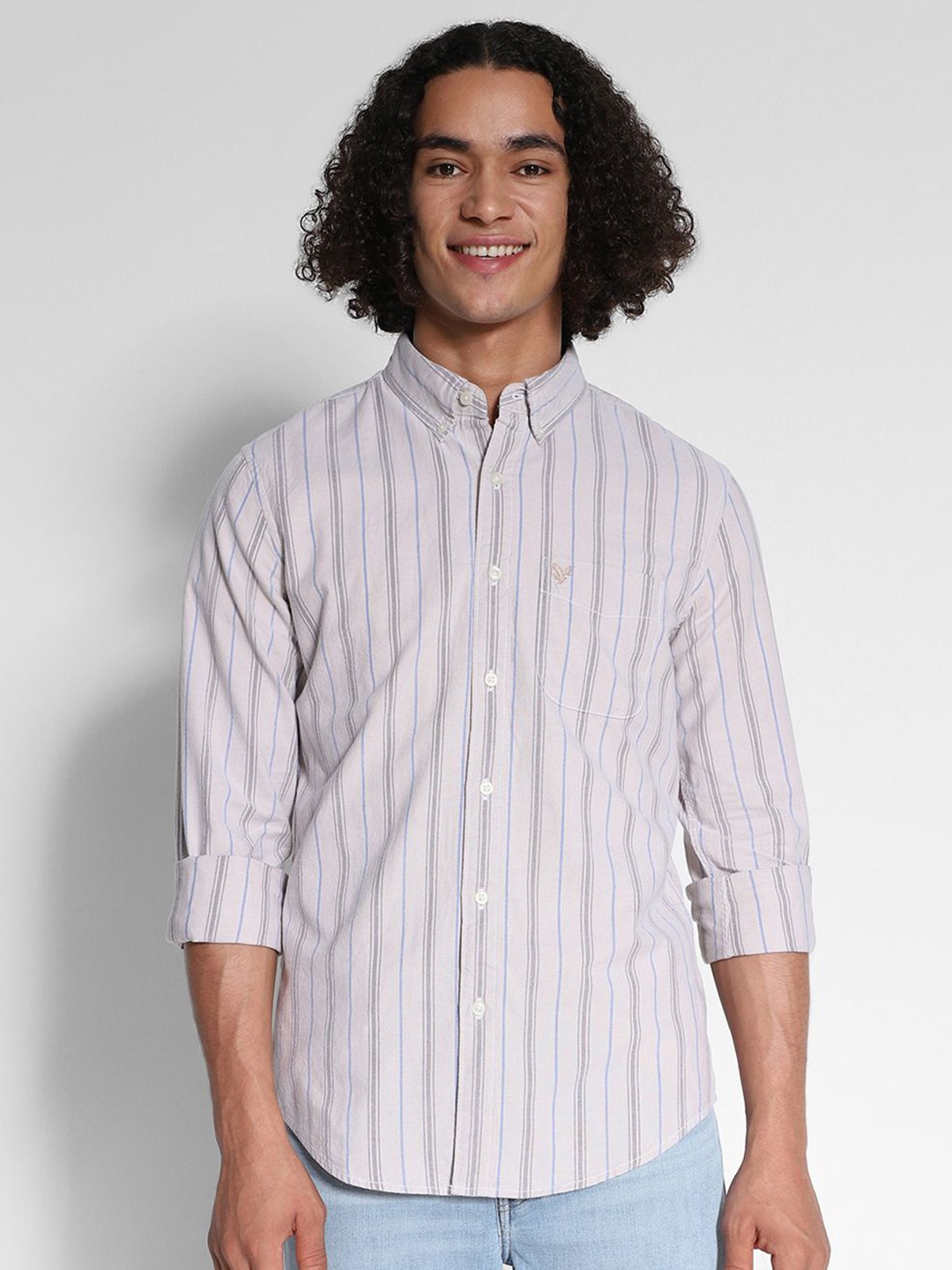 

AMERICAN EAGLE OUTFITTERS Men Vertical Striped Cotton Slim Fit Casual Shirt, Grey