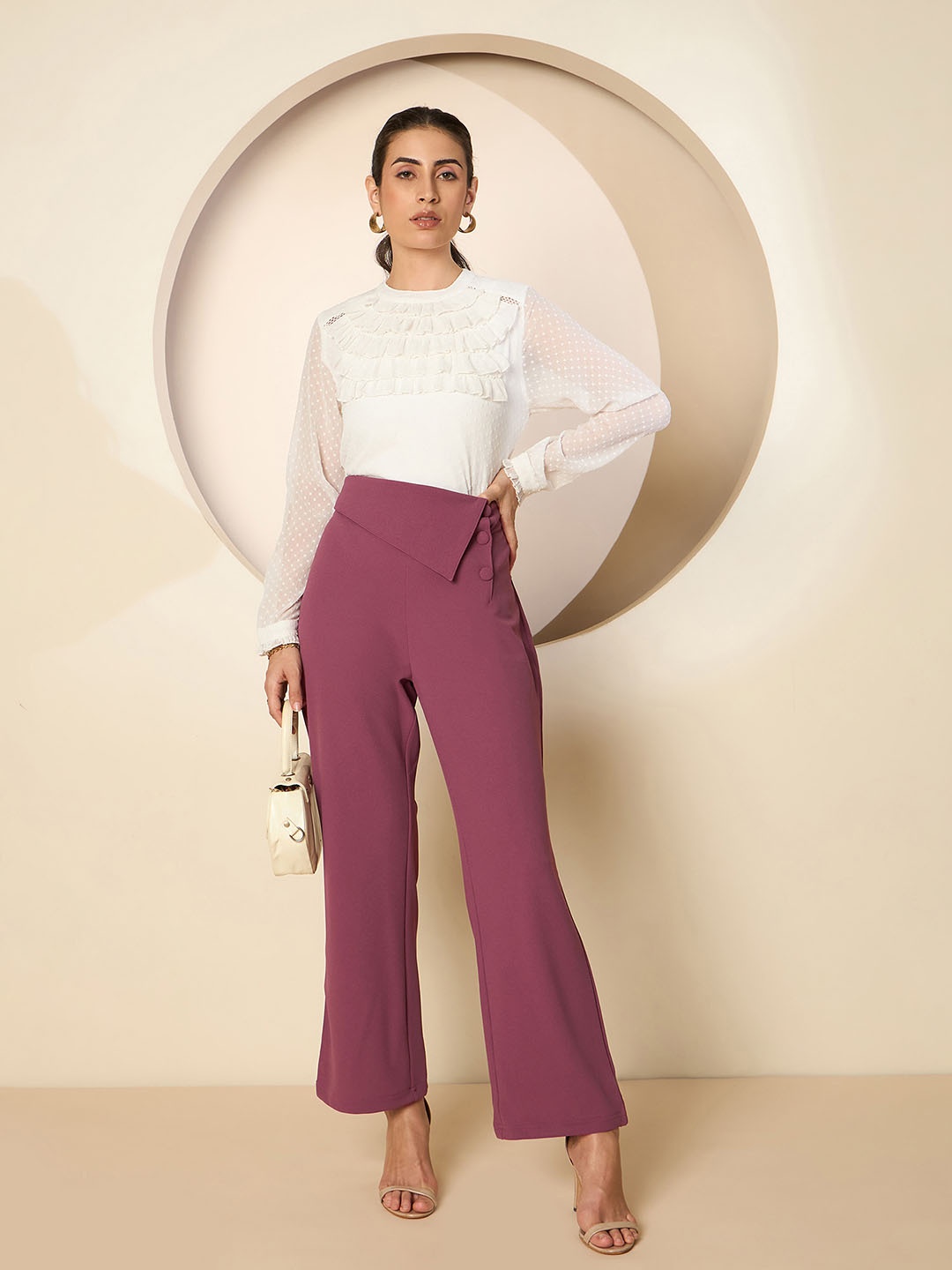 

Antheaa Women Solid Smart High-Rise Bootcut stretchable Trousers, Pink