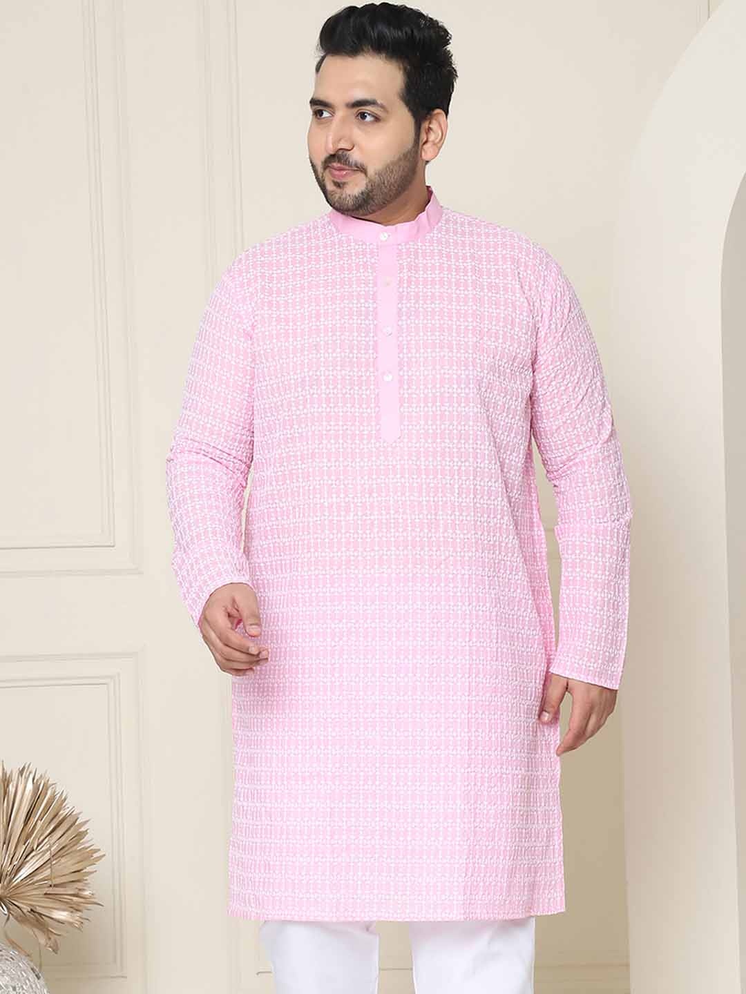 

SOJANYA PLUS Geometric Embroidered Mandarin Collar Pure Cotton Straight Kurta, Pink