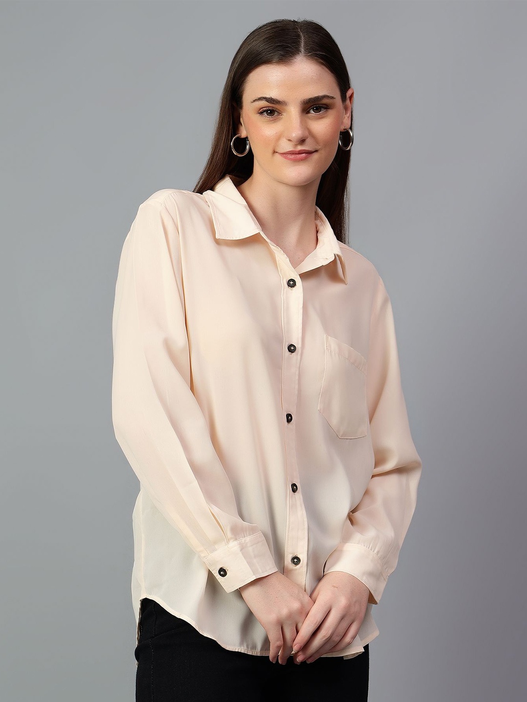 

Kotty Women Comfort Spread Collar Solid Oversized Casual Shirt, Beige