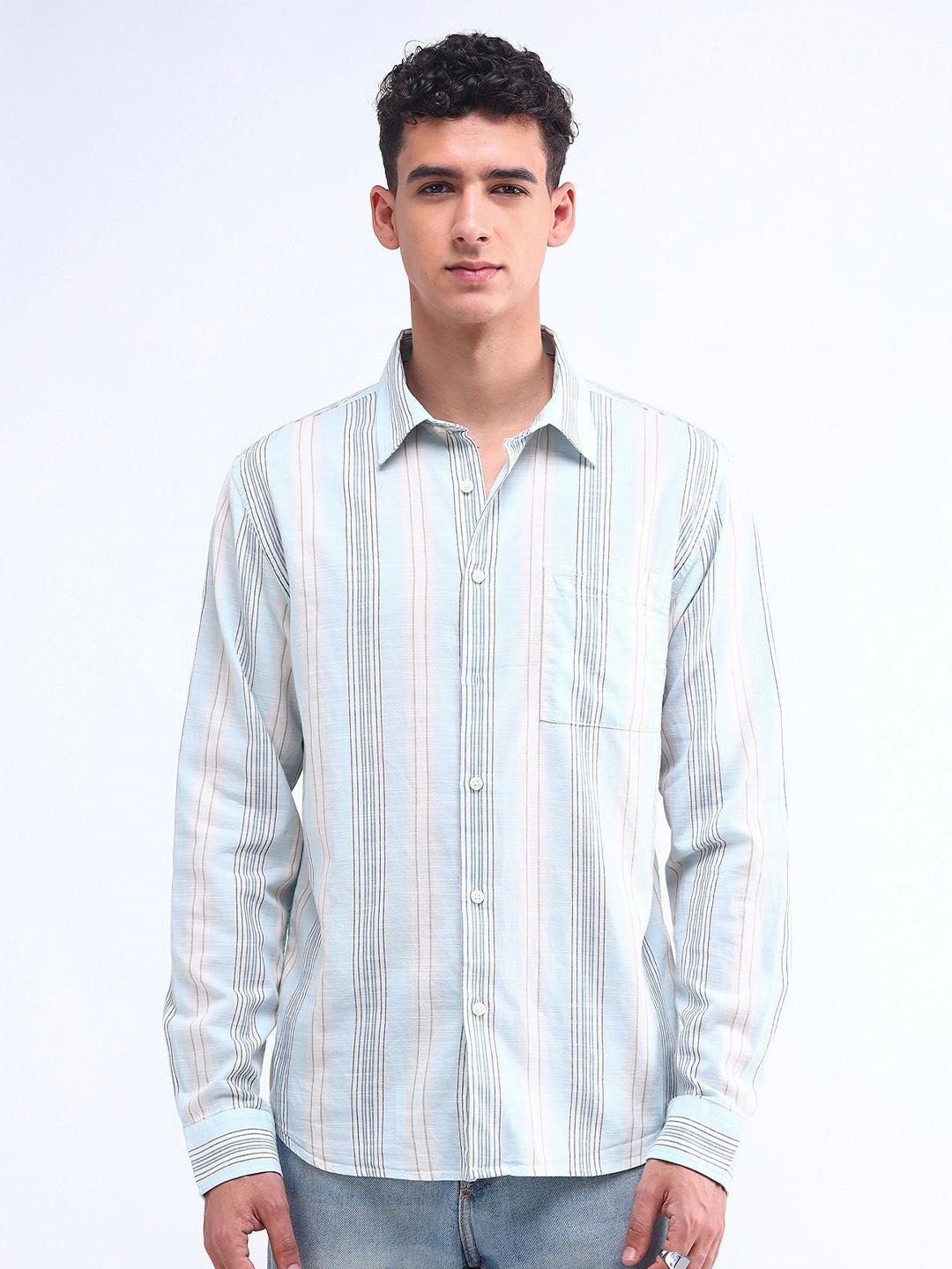 

Flying Machine Men Spread Collar Vertical Striped Cotton Casual Shirt, Blue