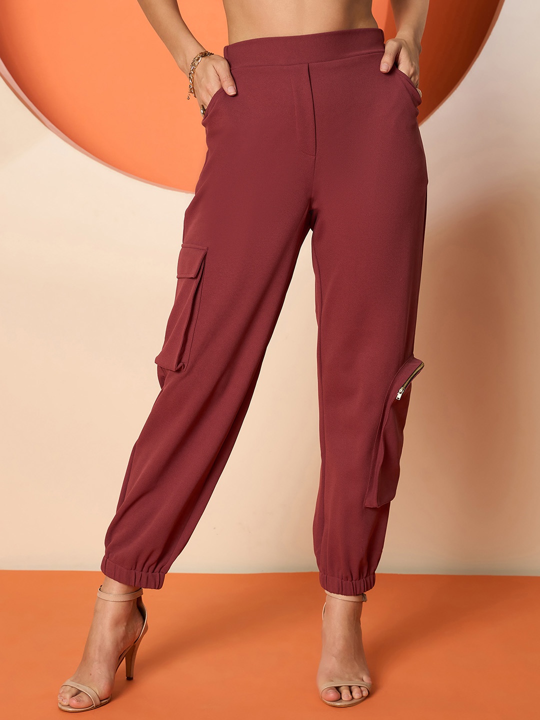 

Antheaa Women Smart Mid Rise stretch Cargo Trousers, Rust
