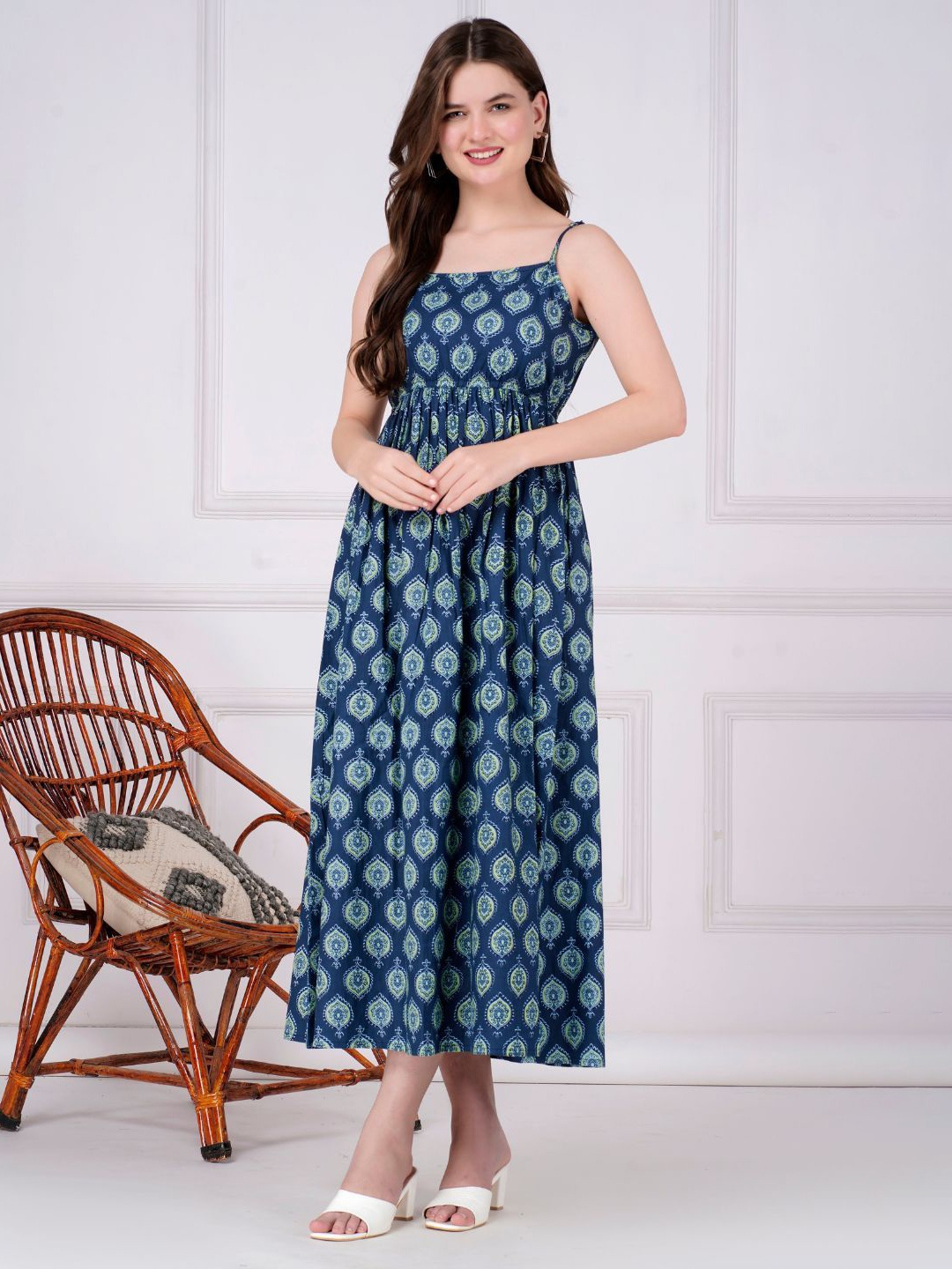 

GORDHAN Ethnic Motif Printed Fit and Flare Dress, Navy blue
