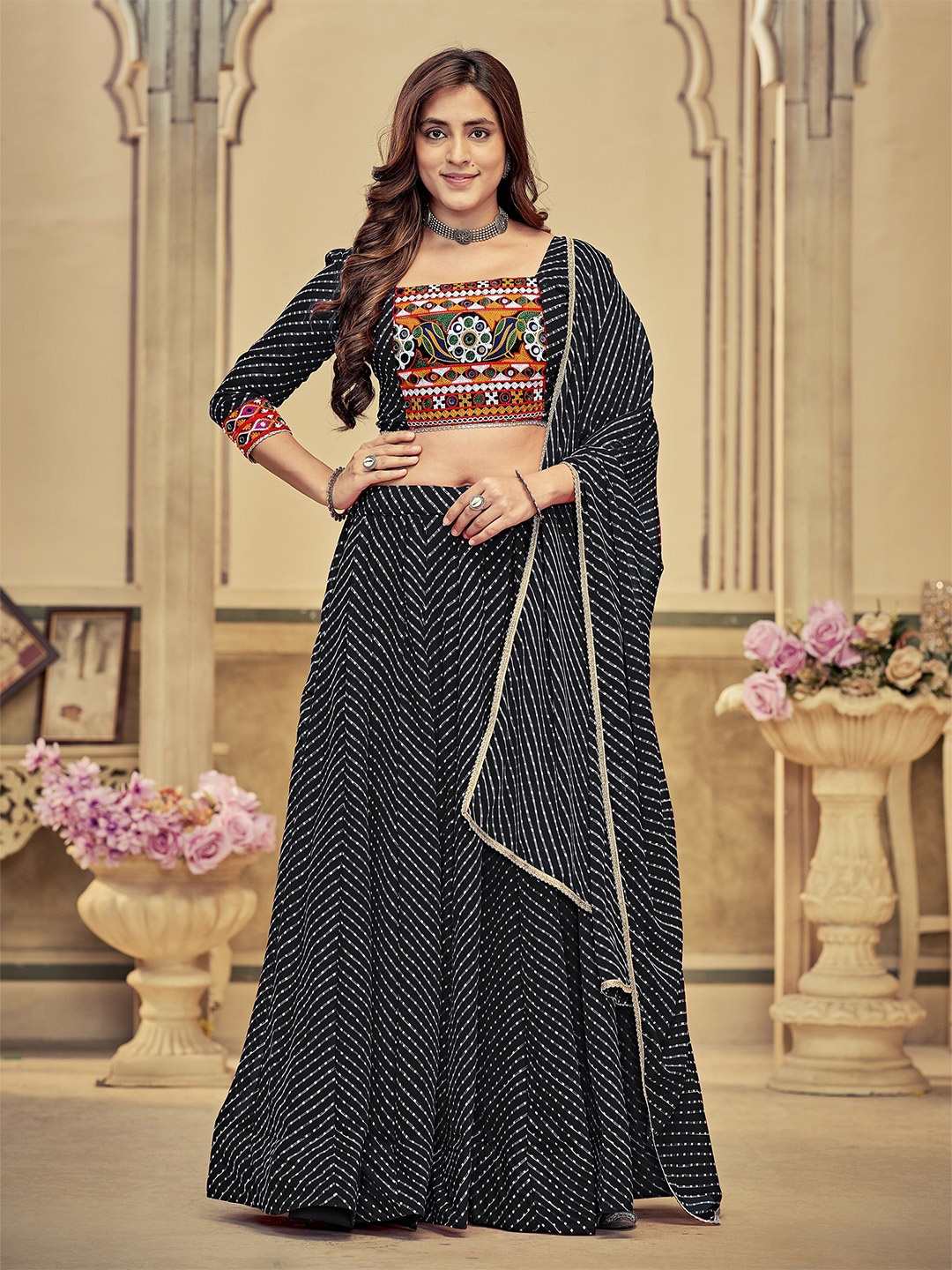 

KALINI Embroidered Thread Work Semi-Stitched Lehenga & Unstitched Blouse With Dupatta, Black