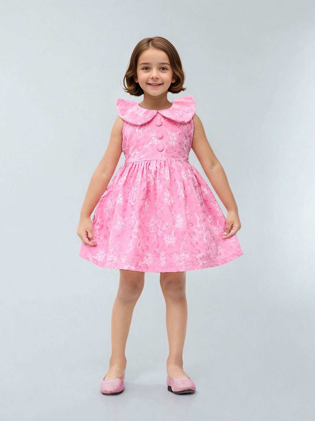 

Toonyport Girls Floral Printed Peter Pan Collar Fit & Flare Dress, Pink