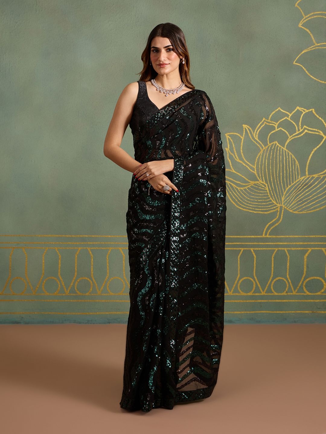 

Likha Embellished Sequinned Pure Georgette Saree with Unstitched Blouse, Black