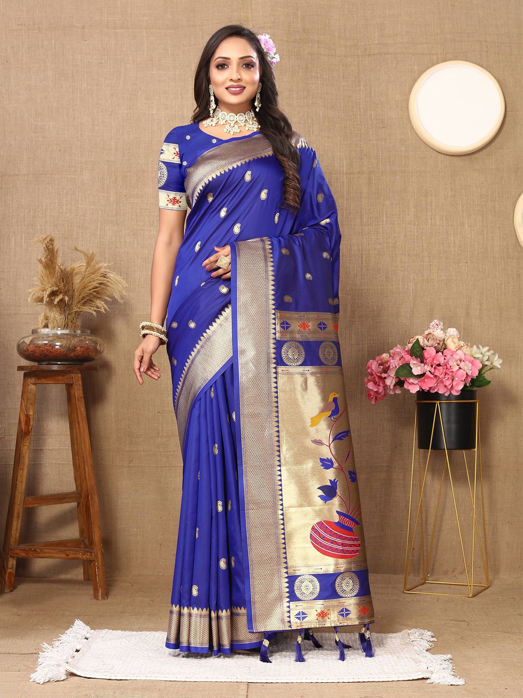 

Zeekha Woven Design Zari Pure Silk Paithani Saree, Blue