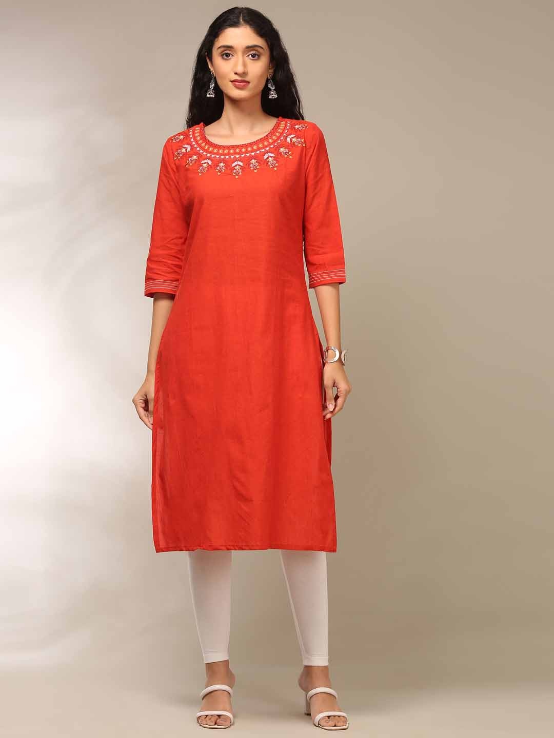 

Alena Floral Embroidered Round Neck Thread Work Pure Cotton Straight Kurta, Orange