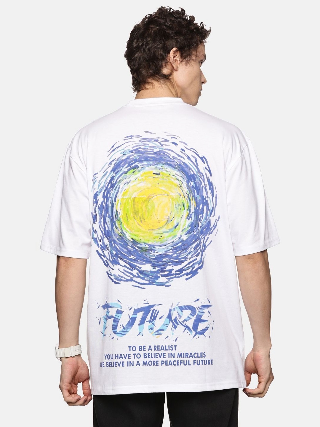 

THIRD QUADRANT Men Typography Printed Round Neck Cotton Oversized T-shirt, White