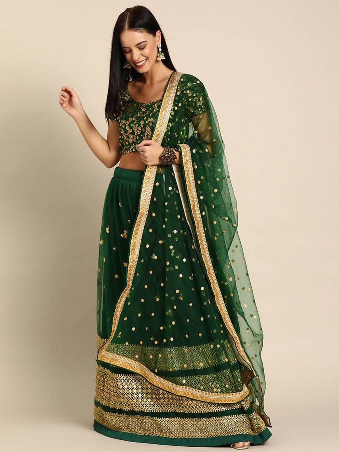 

JIHU CULTURE Embellished Sequinned Semi-Stitched Lehenga & Unstitched Blouse With Dupatta, Green