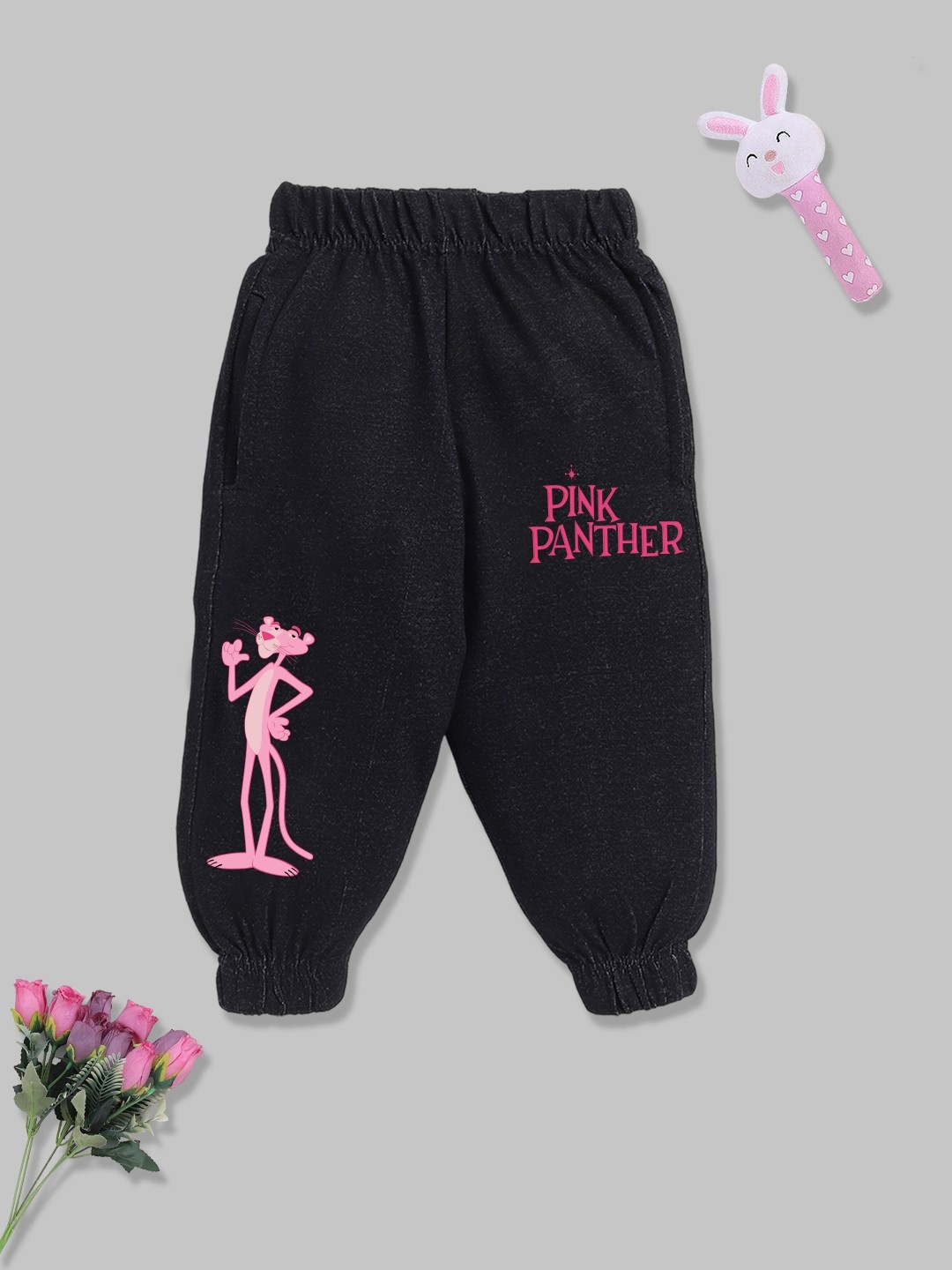 

YK X Minute Mirth Girls Pink Panther Printed Joggers, Black