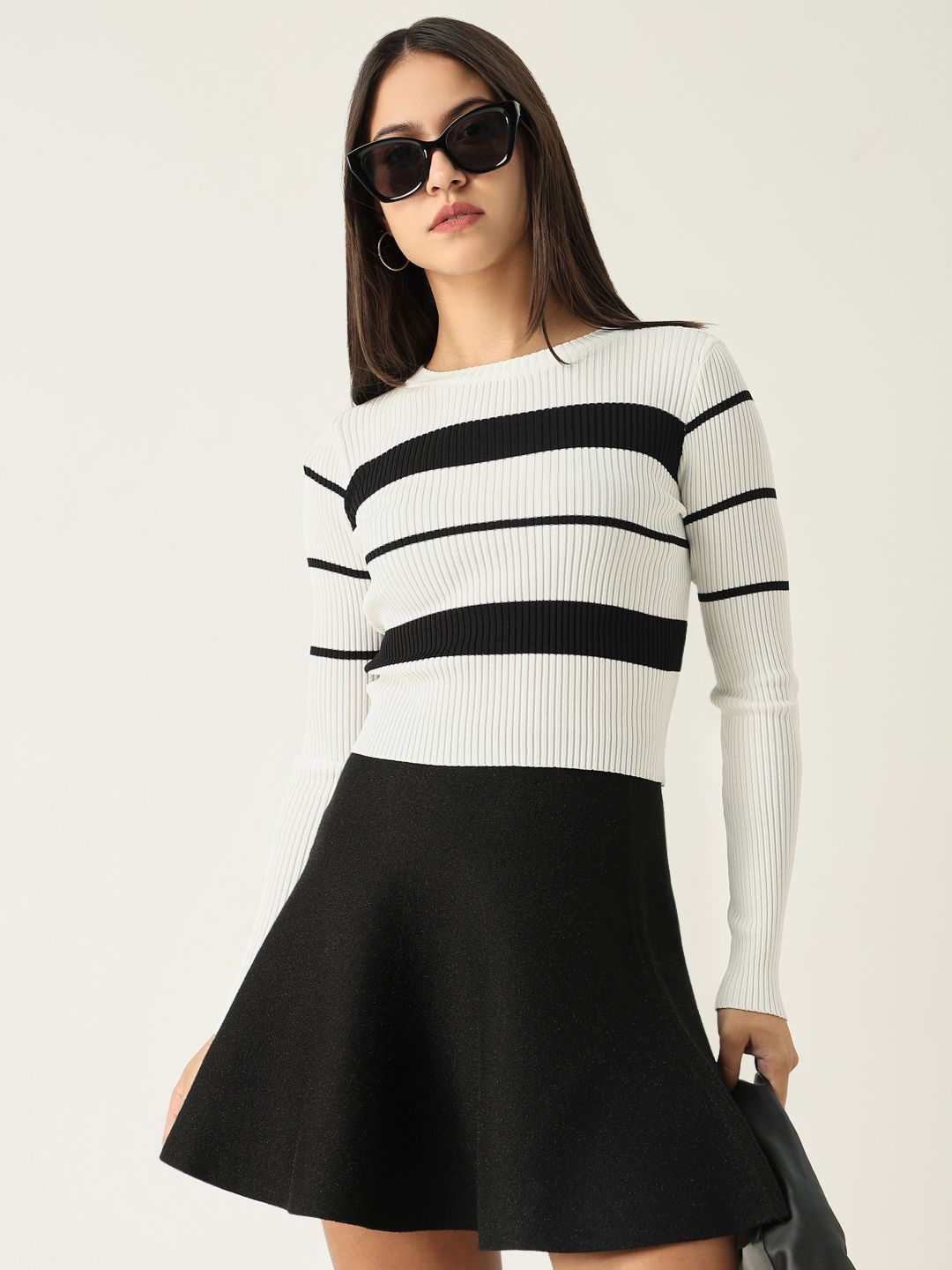 

SHOWOFF Women Horizontal Striped Round Neck Acrylic Top, White