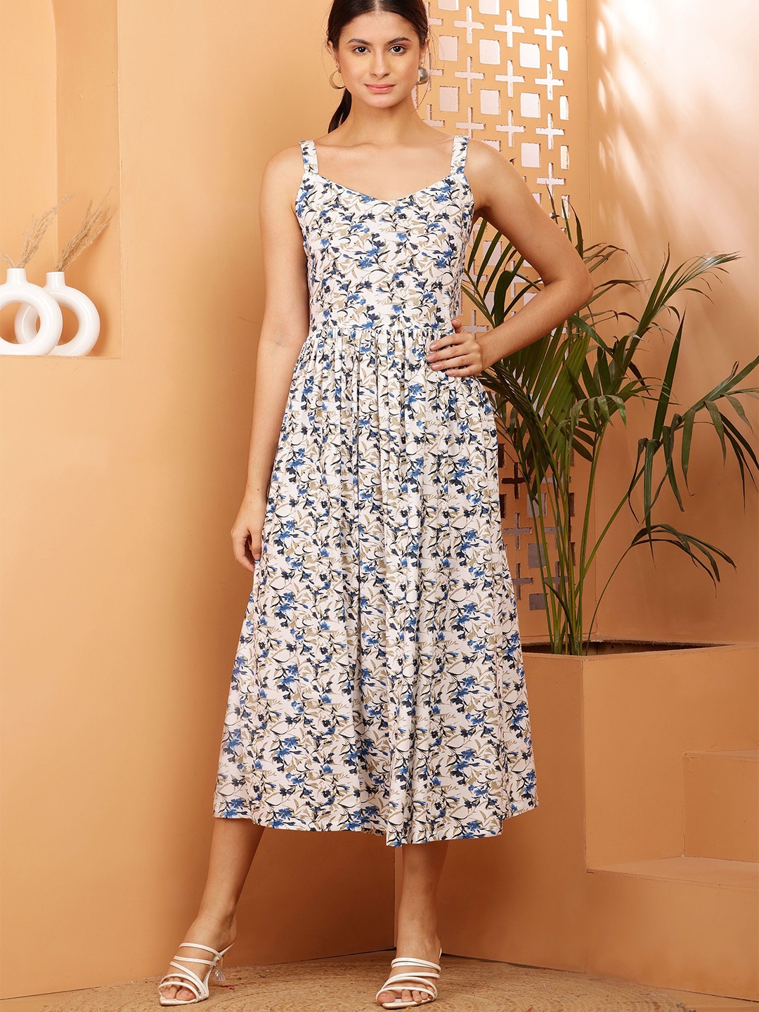 

Akshatani Floral Printed Fit & Flare Midi Dress, White