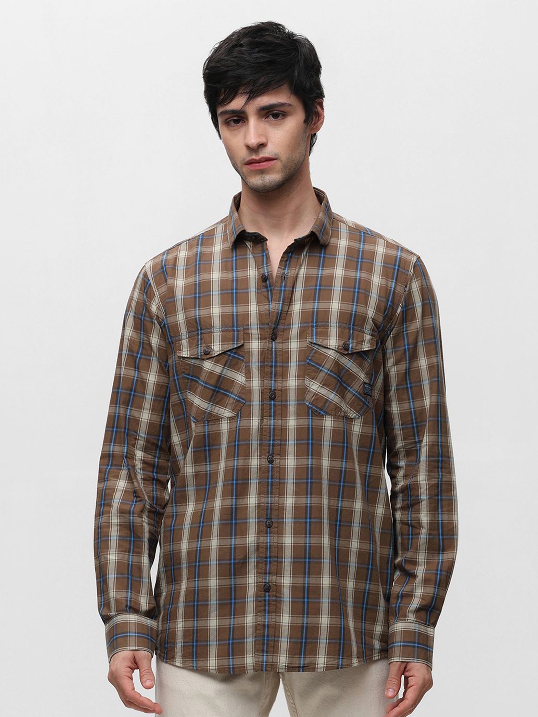 

Klub Fox Men Spread Collar Tartan Checked Cotton Slim Fit Casual Shirt, Brown
