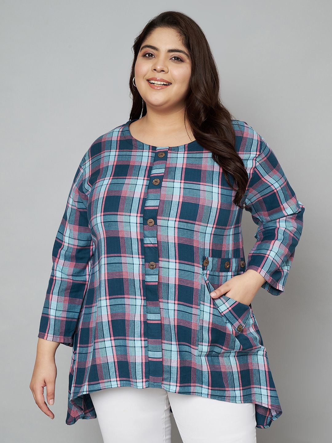 

VELDRESS Women Plus Size Collarless Tartan Checked Crepe Casual Shirt, Red