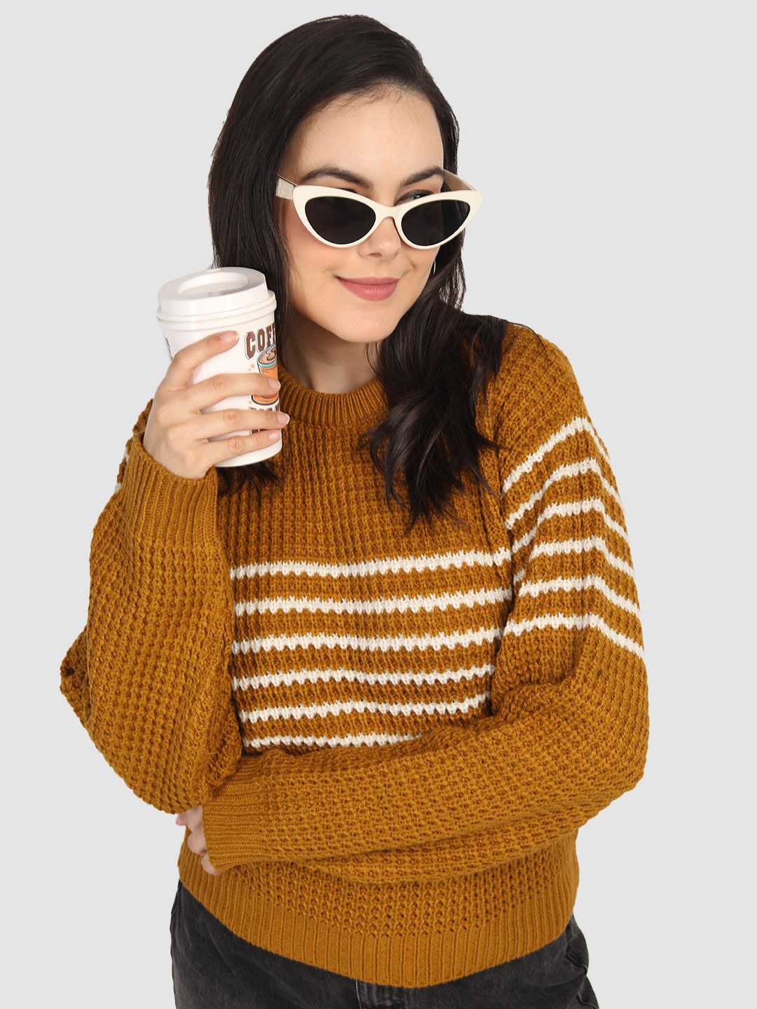 

CHKOKKO Women Striped Woollen Pullover, Mustard