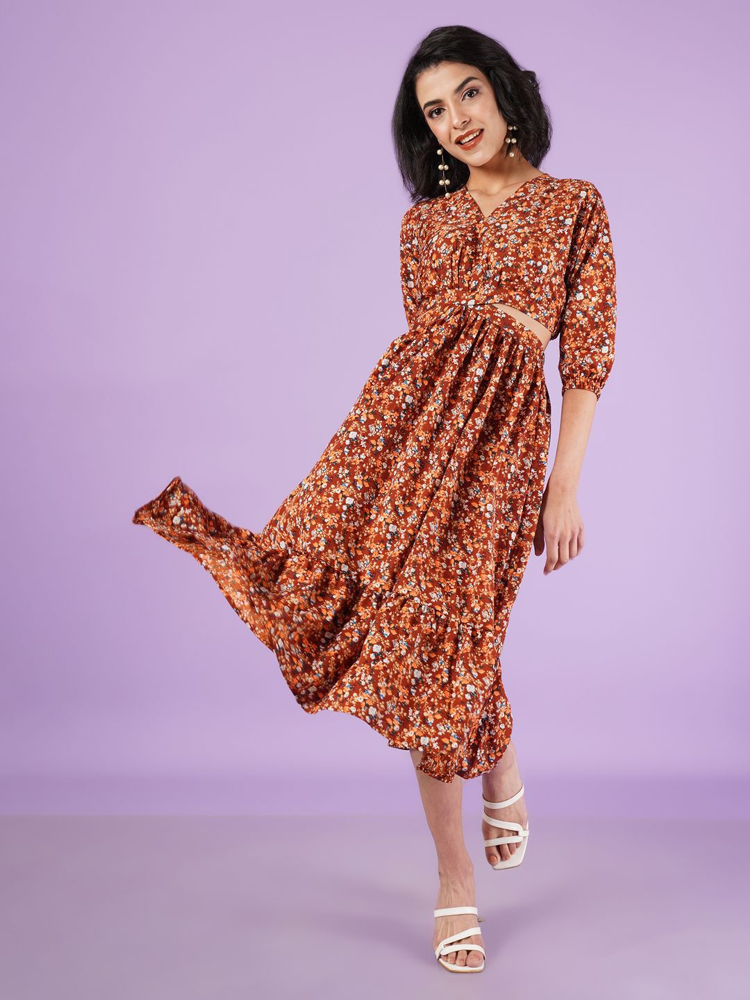 

ZWERLON Floral Printed Fit & Flare Midi Dress With Cut-Outs Details, Brown