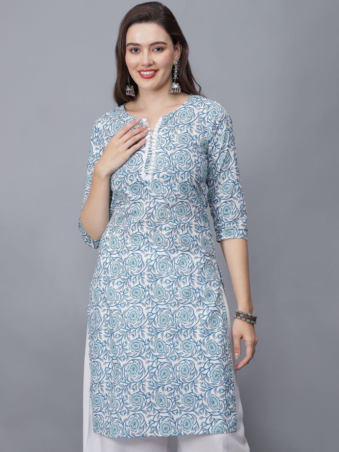 

Sawere Floral Printed Cotton Straight Kurta, Blue